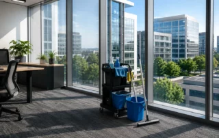 Matériel professionnel pour lavage de vitres dans un hall d’immeuble propre