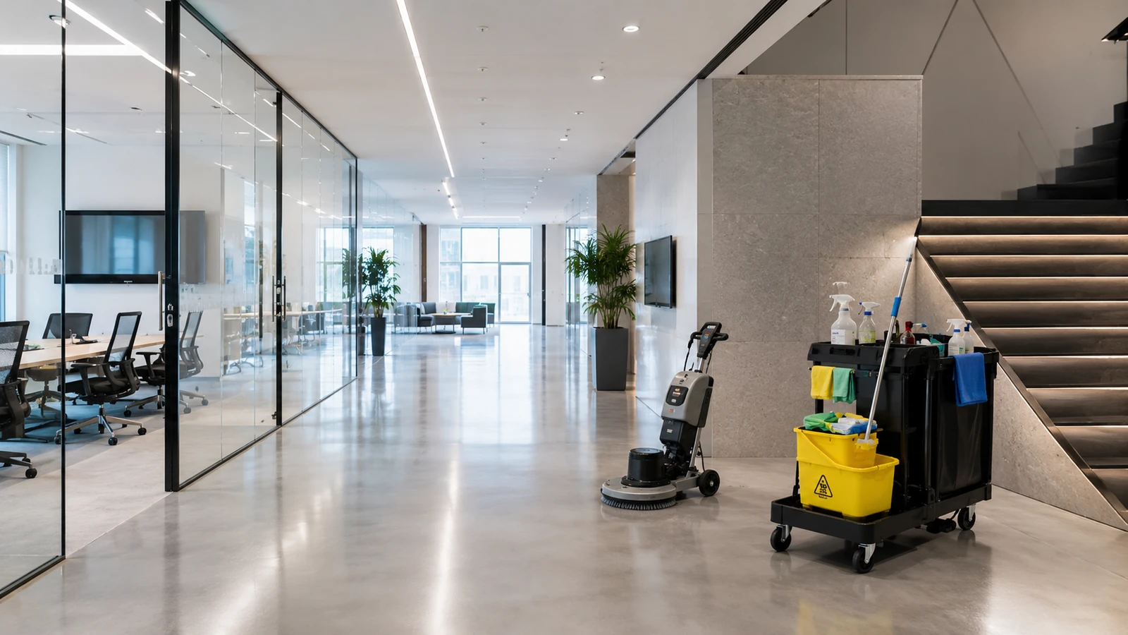 Matériel de nettoyage professionnel dans un hall d’immeuble moderne propre et entretenu