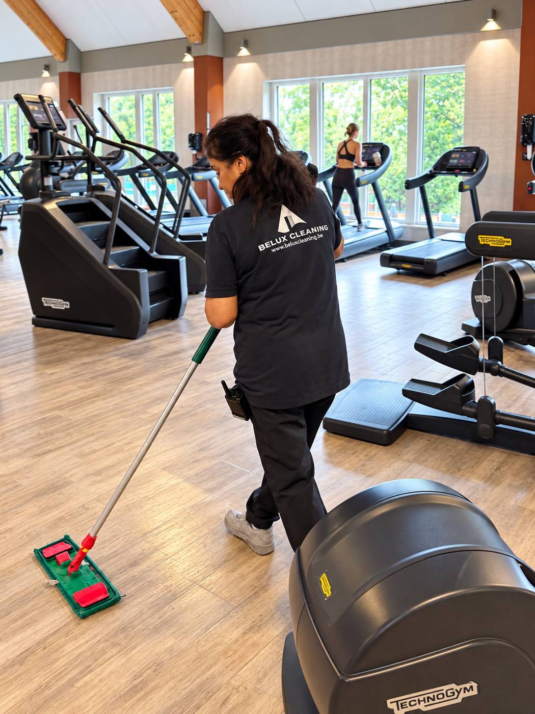Belux Cleaning cleaning the floor of a fitness room between the machines